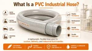A PVC industrial hose is a flexible hose primarily made using polyvinyl chloride compounds and designed to transfer liquids, air, powders, or other compatible media depending on its construction.